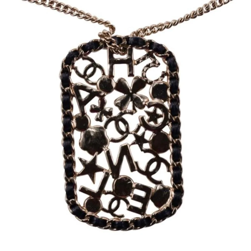 CHANEL Pendant Necklace Clover Lambskin Leather Chain Logo Crystal Mosaic Pearl